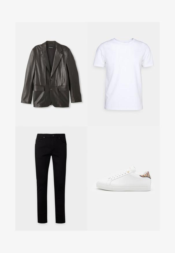Zwarte leren blazer met notch-lapels, twee knopen en klepzakken, plat gelegd tegen een witte achtergrond.; Witte katoenen t-shirt met korte mouwen en een ronde hals. Eenvoudig ontwerp zonder patronen of accenten. Glad textuur.; Zwarte slim-fit jeans met knoop- en ritssluiting, voor- en achterzakken, weergegeven op een effen lichte achtergrond.; Witte leren sneaker met een gladde afwerking, voorzien van een kleurrijke gestreepte accent op de hiel, gouden oogjes en een vlakke witte zool.