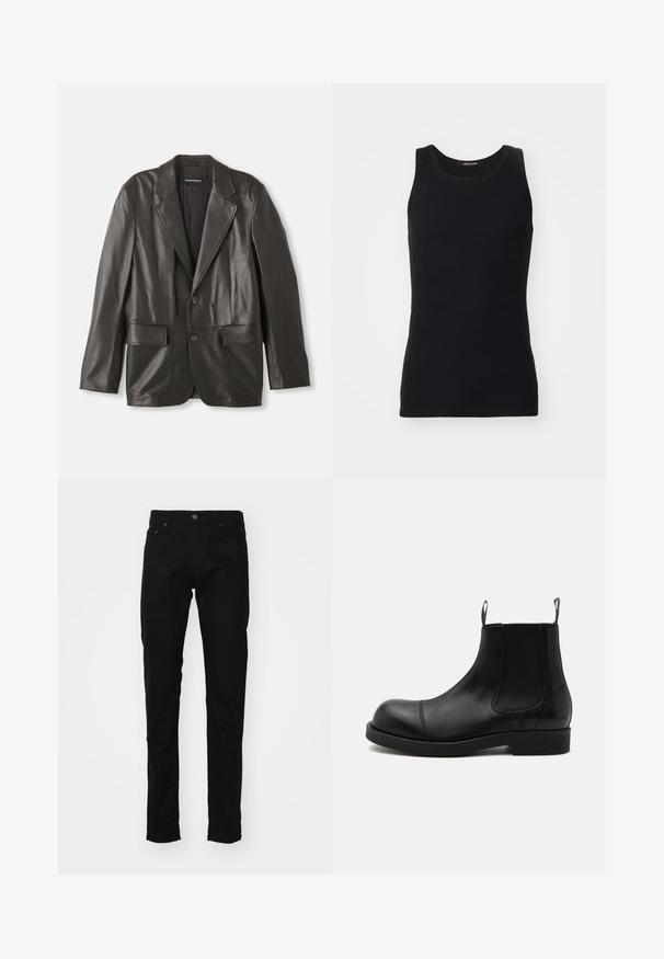 Sort læderblazer med klapkraver, to knapper og klaplommer, lagt fladt mod en hvid baggrund.; Sort tanktop lavet af et glat, strækbart materiale. Har en rund halsudskæring og ingen ærmer, med en tætsiddende pasform og enkelt design.; Sorte denim jeans med slim fit, der har et klassisk fem-lomme design, metalknap og syede detaljer på lommerne.; Sort læder Chelsea-støvle med rund tå, elastiske sidepaneler, stropper foran og bagpå, flad sål, vist fra siden på hvid baggrund.