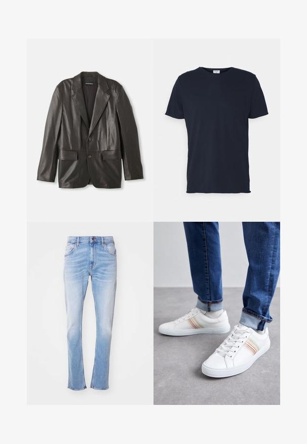 Sort læderblazer med klapkraver, to knapper og klaplommer, lagt fladt mod en hvid baggrund.; Marineblå bomulds t-shirt med rund hals og korte ærmer, med en glat tekstur og enkel design, uden synlige mønstre eller accenter.; Lysblå jeans lavet af denim, med lige ben, subtilt slid, fem lommer og knaplukning. Ingen synlige mønstre eller udsmykninger.; Hvide lædersneakers med multicolore striber, snørebåndsdesign, gummisål og polstret krave, parret med blå denimjeans.