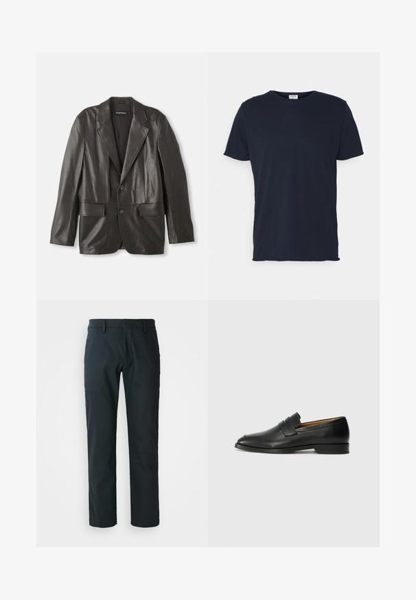 Blazer de cuero negro con solapas de notch, dos botones y bolsillos con solapa, colocado plano sobre un fondo blanco.; Camiseta de algodón azul marino con cuello redondo y mangas cortas, de textura suave y diseño simple, sin patrones ni acentos visibles.; Pantalones negros de pierna recta hechos de tela suave; cuentan con presillas para cinturón y un diseño de frente plano. Incluyen bolsillos laterales.; Mocasín de cuero negro con punta redonda, detalles de costura sutil y un tacón bajo, que presenta una textura suave y un diseño minimalista.