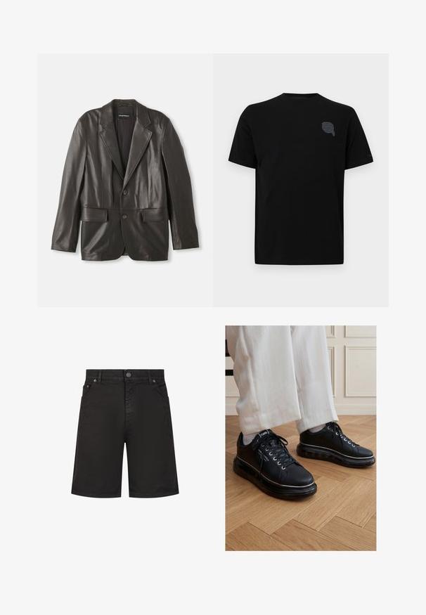 Zwarte leren blazer met notch-lapels, twee knopen en klepzakken, plat gelegd tegen een witte achtergrond.; Zwarte katoenen T-shirt met korte mouwen, voorzien van een subtiele grijze grafische print op de linkerborst. Glad materiaal, ronde hals.; Zwarte denim korte broek met vijf zakken, knoopsluiting en lussen voor een riem, plat gelegd op een witte achtergrond.; Zwarte lage sneakers met zichtbare luchtgeveerde zolen gedragen met een witte broek op een houten parketvloer binnen.