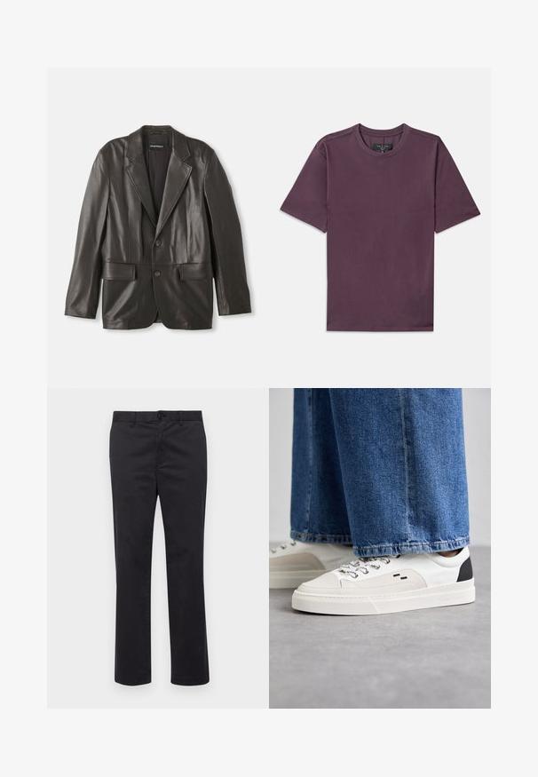 Blazer en cuir noir avec revers crantés, deux boutons et poches à rabat, posé à plat sur un fond blanc.; T-shirt à manches courtes et col rond en mauve foncé avec une étiquette de marque visible cousue à l'intérieur du col.; Pantalons en coton noir avec une coupe droite, dotés d'une fermeture à bouton et de passants de ceinture. Texture lisse, sans motifs ni accents visibles.; Baskets blanches et noires avec une tige en cuir lisse, des accents texturés et une semelle épaisse blanche. Présentent un design classique à lacets.