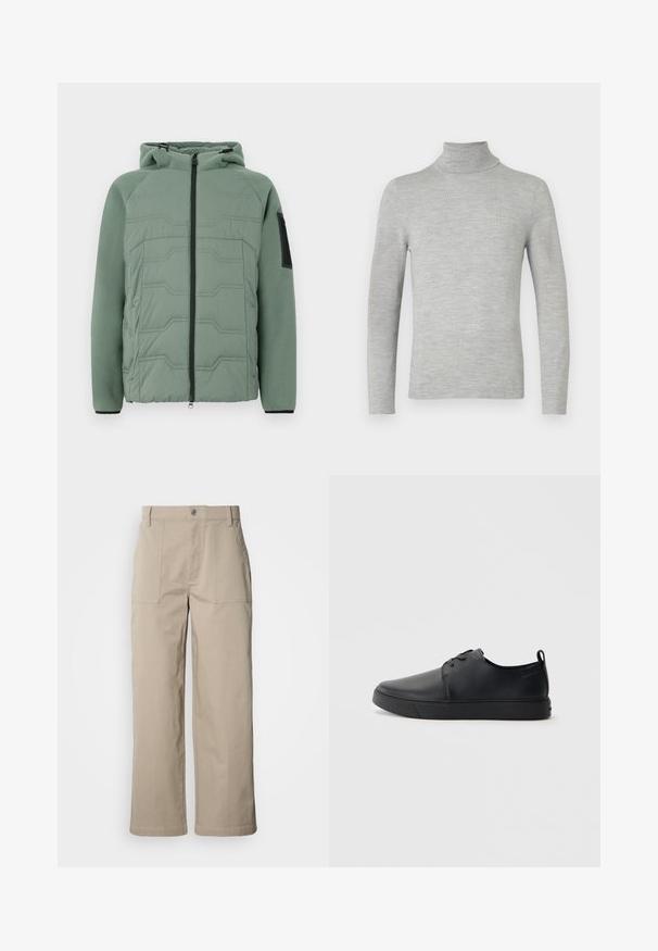 Grøn polstret jakke med hætte, der har en tekstureret front, lynlås lukning, to forlommer og en sort detalje på venstre ærme.; Lys grå langærmet turtleneck sweater med fin strik, vist på en neutral hvid baggrund.; Beige bukser med vide ben lavet af bomuld; har forlommer, knaplukning og synlig syning langs kanterne.; Sorte lædersneakers med en glat finish, rund tå, tonalt syning, snøring foran og en flad gummisål. Løkke ved hælen.
