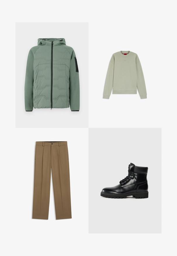Grøn polstret jakke med hætte, der har en tekstureret front, lynlås lukning, to forlommer og en sort detalje på venstre ærme.; Lysegrøn langærmet sweatshirt med rund hals, ribbet ved ærmer og kant, med diskret præget logo på brystet og rød label på indersiden af kraven.; Brune lige bukser med bæltestropper, forreste knap og lynlås, vist fladt på en hvid baggrund.; Sort læder ankelstøvle med en blank finish, snørelukning, polstret krave og en robust gummisål med skridgreb.