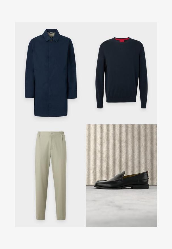 Manteau pour homme bleu marine à simple boutonnage avec col pointu, fermeture par boutons, poches latérales et doublure intérieure à carreaux.; Pull ras du cou bleu marine en tissu doux. Comprend des manches longues, des poignets côtelés, et un petit logo embossé sur le devant.; Pantalon beige fuselé avec taille élastique, fermeture par bouton et braguette zippée à l'avant, présenté sur un fond blanc plat.; Mocassin pour homme en cuir noir avec un dessus embossé effet croco et un petit talon, présenté de profil sur un fond neutre.