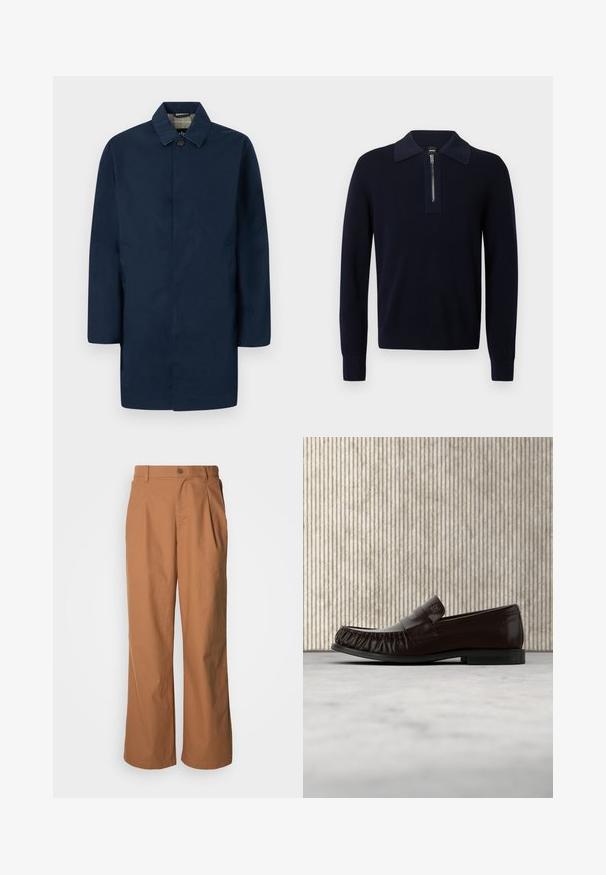 Manteau pour homme bleu marine à simple boutonnage avec col pointu, fermeture par boutons, poches latérales et doublure intérieure à carreaux.; Pull en maille bleu marine avec col zippé, poignets et ourlet côtelés. Présente un design texturé et un tissu de col contrastant.; Pantalon à jambes larges en tissu marron chaud, avec fermeture à boutons sur le devant, plis subtils et coupe droite pour une tenue décontractée.; Mocassin en cuir marron foncé avec des détails cousus, flottant au-dessus d'un tapis beige, avec une table ronde brillante de couleur ambre en arrière-plan.