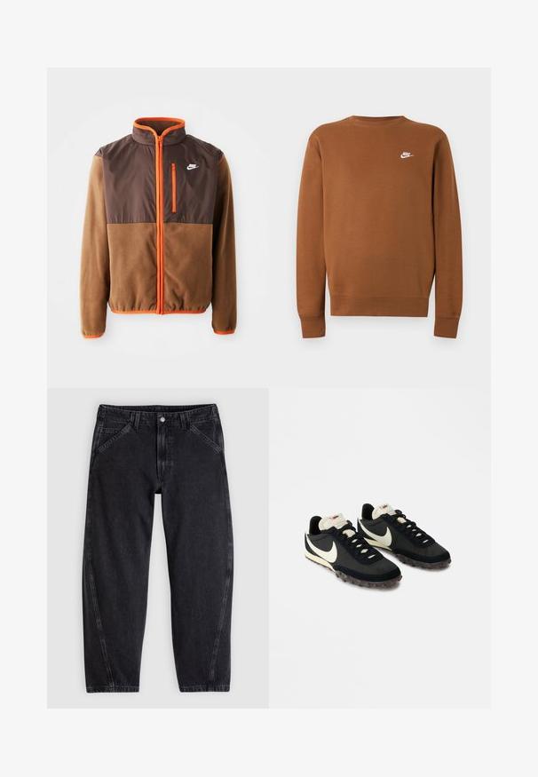 Nike-Jacke mit einem braunen Fleece-Körper und einem dunkelbraunen oberen Abschnitt, orangefarbigen Akzenten, hohem Kragen und einer mit Reißverschluss versehenen Brusttasche.; Braunes langärmliges Nike Sweatshirt mit Rundhalsausschnitt und kleinem weißen Logo auf der linken Brust, dargestellt auf einem schlichten hellgrauen Hintergrund.; Schwarze Jeans aus Denim mit lockerem Schnitt, ausgestattet mit einem normalen Bund, einem Fünf-Taschen-Design und Kontrastnähten entlang der Nähte.; Schwarze Sportschuhe mit einer strukturierten Oberseite, weißem Swoosh-Logo und einer Gummisohle, die mit kleinen Noppen für besseren Halt ausgestattet ist. Beigefarbener Kragen.