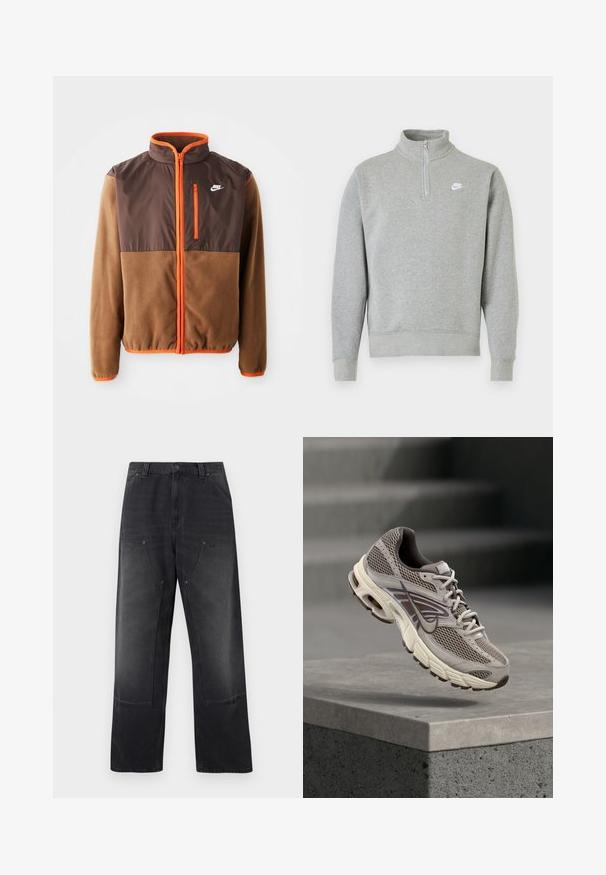 Bunda Nike s hnedým fleecovým telom a tmavohnedou hornou časťou, oranžovými akcentmi, vysokým golierom a zipsovým vreckom na hrudi.; Šedá mikina so štvrťzipom, dlhými rukávmi, rebrovanými manžetami a lemom. Na hrudi sa nachádza malá biela značka Nike.; Čierne džínsy s širokými nohavicami, s náprsnými vreckami vpredu, pútkami na opasok a zapínaním na gombík a zips.; Sivá a béžová bežecká obuv Nike zavesená vo vzduchu nad betónovým múrikom s rozmazanými schodmi v pozadí.