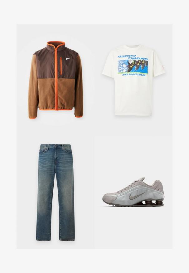 Nike jakk featuring pruun fliisist keha ja tumeda pruunika ülaosa, oranžid aktsendid, kõrge kaelus ja tõmblukuga rinna-tasku.; Valge T-särk, millel on jalgpallijalatsite graafika, mis löövad sinise ja valge Nike jalgpalli, tekstiga "Sõprusturniir" ja "Nike Sportswear."; Sinised sirgelõikelised teksapüksid pleekinud pesuga, ees toimib nööpide ja tõmblukuga kinnis, klassikalise viie taskuga disain.; Nike jooksujalats helesinises värvitoonis, sujuva tekstuuri, kaarjate joontega ning tumeda pruuniga nähtavate pehmendavate vedrudega kandade juures.
