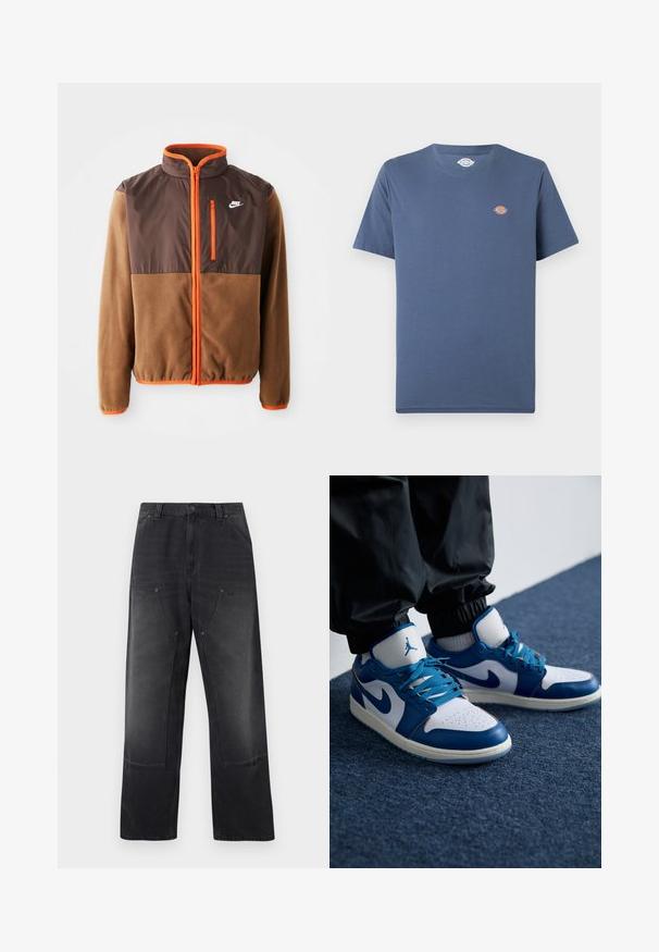 Nike-Jacke mit einem braunen Fleece-Körper und einem dunkelbraunen oberen Abschnitt, orangefarbigen Akzenten, hohem Kragen und einer mit Reißverschluss versehenen Brusttasche.; Einfaches blaues T-Shirt mit kurzen Ärmeln und Rundhalsausschnitt, mit kleinem rundem mehrfarbigem Logo auf der linken Brustseite.; Schwarze Jeans mit weitem Bein, vorderen aufgesetzten Taschen, Gürtelschlaufen sowie Knopf- und Reißverschluss.; Die Nike Air Jordan Sneakers verfügen über eine weiße Lederbasis mit blauen synthetischen Akzenten, einer perforierten Zehenbox und blauen Schnürsenkeln.