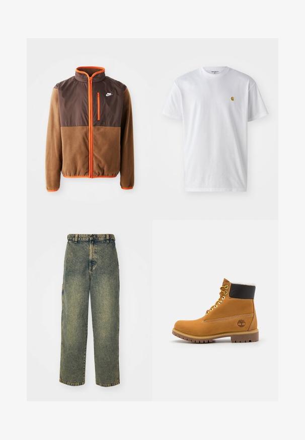 Chaqueta Nike con un cuerpo de forro polar marrón y una sección superior marrón oscuro, detalles en naranja, un cuello alto y un bolsillo en el pecho con cremallera.; Camiseta de algodón blanca con mangas cortas, cuello redondo, que presenta un pequeño logo dorado en la parte izquierda del pecho. Textura suave y corte regular.; Jeans de denim holgados en un lavado azul y verde descolorido. Presenta un cierre de botón, pasadores para el cinturón y bolsillos laterales. Diseño de frente plano y pierna recta.; Botín de cuero marrón con ojales de metal, forro de piel sintética blanca, cuello acolchado negro, suela resistente y logotipo en relieve en el costado.