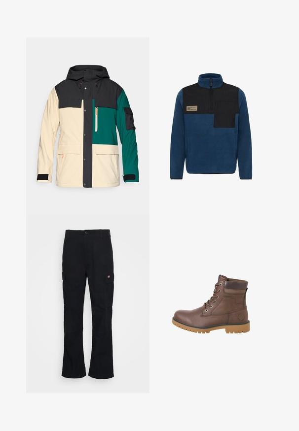 Veste colorée avec une capuche noire, un corps crème et des accents teal. Comprend un système de fermeture à pression, plusieurs poches et des poignets ajustables.; Pull-over en polaire bleu marine avec un panneau noir et un col zippé, comportant une poche poitrine et une étiquette portant la mention "DEDICATED TO PERFECTION."; Pantalons cargo noirs avec une coupe droite, fabriqués en tissu durable, dotés de poches latérales et d'un logo en patch sur le côté gauche.; Bottines en cuir marron avec un bout rond, un design à lacets et une semelle en caoutchouc. Comprend un col rembourré et un détail de logo sur le côté.