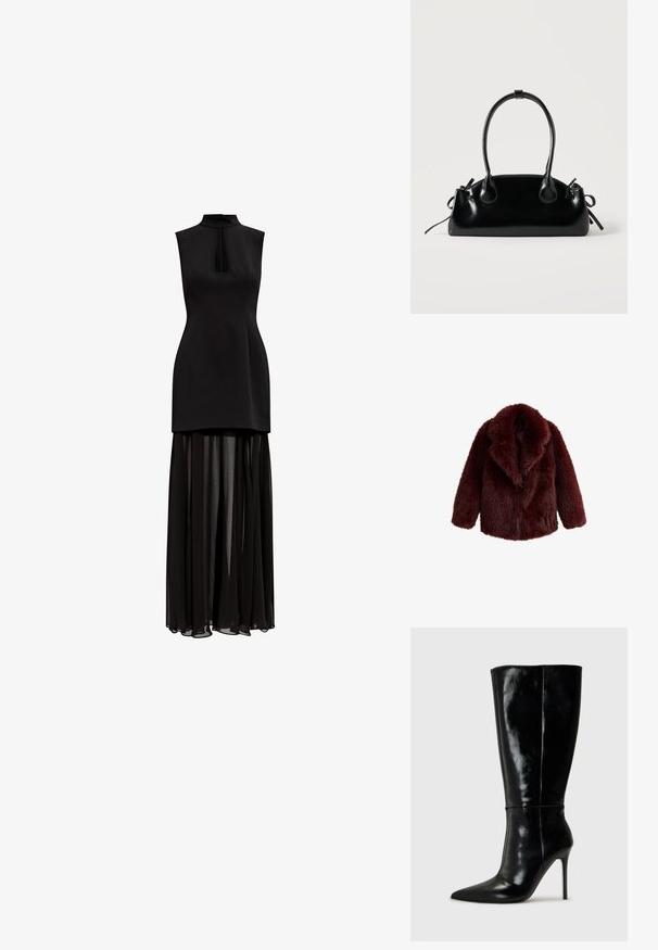 Veste en fausse fourrure bordeaux avec une texture douce, un large col cranté et une coupe décontractée. Elle présente des manches longues et aucune fermeture visible.; Robe de soirée noire sans manches avec col montant et détail en forme de goutte, corsage ajusté et longue jupe fluide transparente.; Bottes noires en cuir, hautes jusqu'au genou, avec un bout pointu et un talon aiguille haut. Texture lisse et design épuré, avec un minimum de détails.; Petit sac à main noir brillant avec deux longues anses et des détails à cordon sur les côtés sur un fond clair uni.