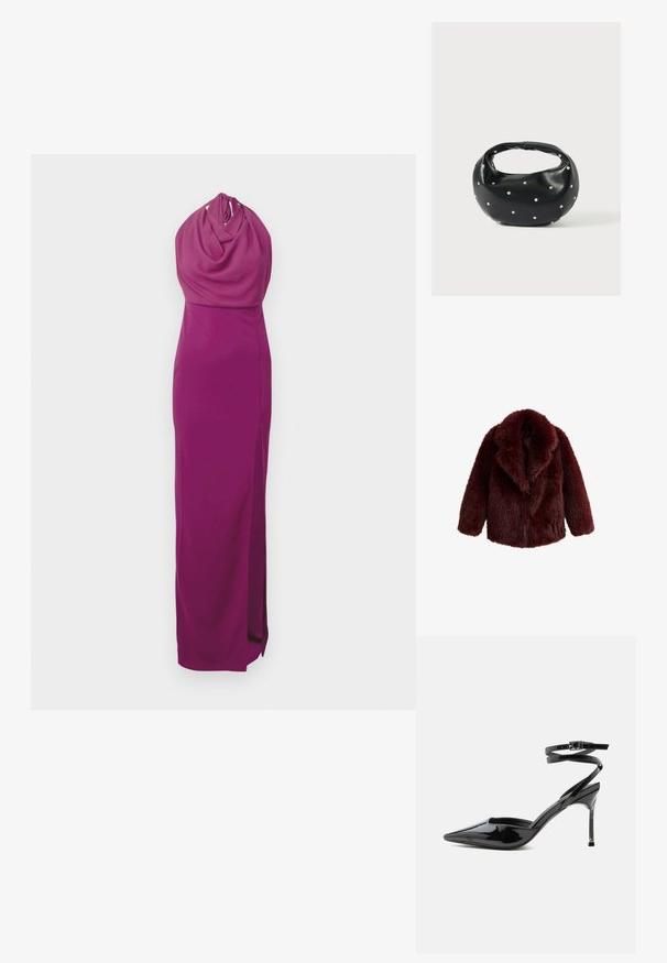 Veste en fausse fourrure bordeaux avec une texture douce, un large col cranté et une coupe décontractée. Elle présente des manches longues et aucune fermeture visible.; Robe maxi de couleur magenta profonde, dotée d'un décolleté drapé en cowl et d'une fente latérale. Fabriquée en tissu lisse, elle présente une silhouette ajustée.; Escarpin à talon aiguille en cuir verni noir, bout pointu, fines lanières à la cheville et petite boucle.; Sac à main en cuir noir de forme arrondie, décoré de clous argentés et équipé d'une poignée courte. Texture lisse et fermeture éclair.