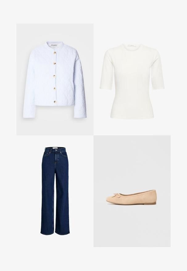 Chaqueta acolchada en azul claro con rayas blancas, que presenta un cuello redondo y cierre de botones dorados. Textura suave y diseño corto.; Camiseta blanca ajustada de manga corta con cuello redondo y etiqueta "GESTUZ" en el cuello.; Vaqueros de pierna ancha de tiro alto en azul oscuro, con bolsillos delanteros, trabillas para cinturón, cierre de botones y detalles de costuras visibles.; Bailarinas de gamuza beige con punta redondeada, pequeño detalle de lazo en la parte delantera y suela baja y plana. Textura suave con acentos mínimos.