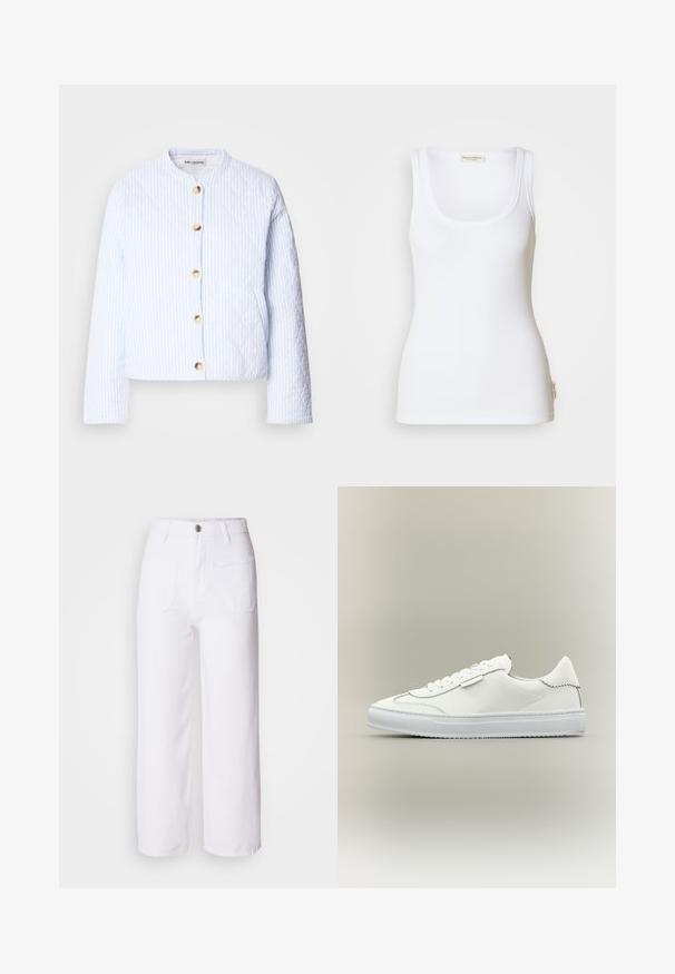 Chaqueta acolchada en azul claro con rayas blancas, que presenta un cuello redondo y cierre de botones dorados. Textura suave y diseño corto.; Camiseta sin mangas blanca con canalé, escote redondo y tirantes anchos. Presenta una etiqueta con el logo en el dobladillo lateral. Hecha de tela suave y elástica.; Pantalones de mezclilla anchos de color blanco con cierre de botón, trabillas para cinturón, dos bolsillos frontales y un bolsillo trasero. Tejido duradero y texturizado.; Zapatilla deportiva blanca de caña baja con cierre de cordones, parte superior de cuero liso y suela de goma blanca texturizada sobre un fondo neutro.