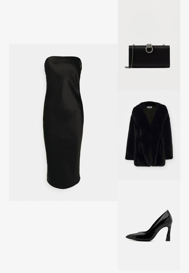 Abrigo de peluche negro con escote profundo en V, textura suave, corte holgado y mangas anchas. El interior está forrado con un color oscuro sólido.; Gina Tricot TUBE MIDI DRESS - Vestido de cóctel - black; Zapato de tacón alto de charol negro con punta afilada y tacón cuadrado que presenta un acento de logo. Textura de superficie suave y brillante.; Bolso de mano de satén negro con un cierre circular en tono plateado adornado con strass, cuenta con una correa de cadena desmontable.