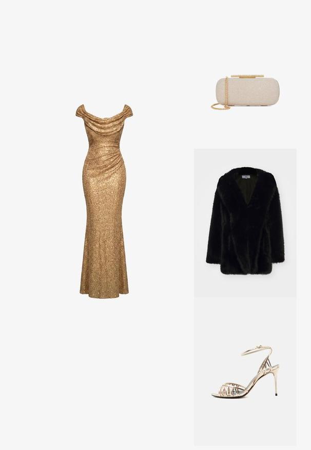 Abrigo de peluche negro con escote profundo en V, textura suave, corte holgado y mangas anchas. El interior está forrado con un color oscuro sólido.; Vestido de noche dorado con lentejuelas, escote off-shoulder, detalles fruncidos y silueta ajustada hasta el suelo.; Sandalia dorada de tacón alto con tiras, correa en el tobillo y tacón de aguja, vista lateral sobre fondo blanco.; Clutch rectangular beige con textura, correa de cadena en tono dorado y cierre dorado adornado con pedrería sobre fondo blanco.
