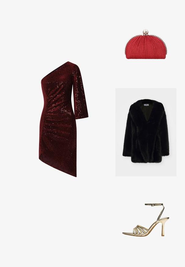 Schwarzer Kunstfellmantel mit tiefem V-Ausschnitt, weicher Textur, lockerer Passform und weiten Ärmeln. Innen ist er mit einer einfarbigen dunklen Farbe gefüttert.; Bordeauxfarbenes Paillettenkleid mit asymmetrischem einseitigem Design, gerafftem Stoff und diagonellem Saum. Glattes Material mit schimmernden Akzenten.; Goldfarbene, mit Riemchen versehene High-Heel-Sandale mit Knöchelriemen, offenem Zehenbereich und schlankem Stiletto-Absatz vor weißem Hintergrund.; Rote Stoff-Clutch mit geraffter Textur, silberner Einfassung verziert mit kleinen Perlen und einem großen Perlenverschluss oben.