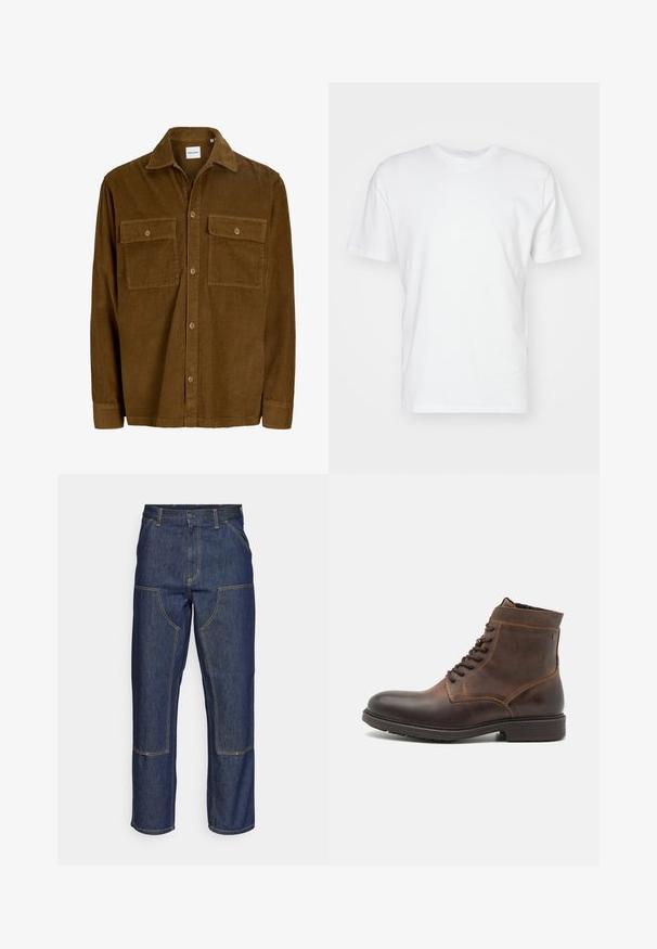 Chemise en velours côtelé marron à manches longues avec fermeture à boutons, col pointu et deux poches poitrine à boutons.; T-shirt en coton blanc à manches courtes, encolure ronde et texture lisse. Design simple sans motifs ni graphiques.; Jeans en denim bleu foncé avec une taille haute, une coupe droite, des coutures contrastantes et des poches appliquées à l'avant.; Jack & Jones JFWDELANEY BOOT - Bottines à lacets - cognac