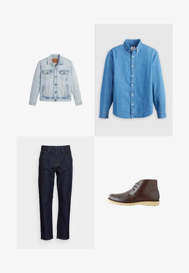 Helle Jeansjacke in Blau mit Knopfverschluss, zwei Brusttaschen und klassischem Kragen. Mit einem lässigen, leicht taillierten Schnitt und einem leicht getragenen Look.; Hellblaues Jeanshemd mit langen Ärmeln, button-down Kragen und weißen Knöpfen. Verfügt über ein kleines besticktes Logo auf der Brust.; Dunkelblaue Denim-Jeans mit geradem Schnitt, fünf Taschen und kontrastierendem gelben Nähten. Mit einem klassischen Knopf- und Reißverschluss ausgestattet.; Braune Lederstiefeletten mit glatter Oberfläche, ausgestattet mit zweifach geflochtenen Ösen, runder Zehenpartie und leichten Gummisohlen mit Rillen für besseren Halt.