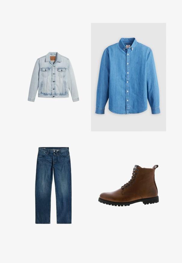 Lichtblauwe denimjasje met knopen aan de voorkant, twee borstzakken en een klassieke kraag. Verweerde details en een licht getailleerde pasvorm.; Lichtblauw denim overhemd met lange mouwen, button-down kraag en witte knopen. Heeft een klein geborduurd logo op de borst.; Donkerblauwe denim spijkerbroek met een rechte pijpdesign, vijf zakken en metalen knoopaccenten. Glad oppervlak met een lichte vervaging aan de voorkant.; Bruine leren enkelbotten met een gestructureerde afwerking, metalen oogjes en een zwarte rubberen profielzool. Voorzien van een trekband aan de achterkant voor gemakkelijke instap.