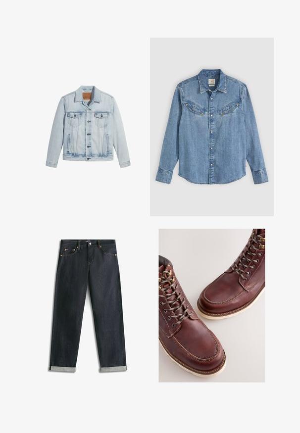 Helle Jeansjacke in Blau mit Knopfverschluss, zwei Brusttaschen und klassischem Kragen. Mit einem lässigen, leicht taillierten Schnitt und einem leicht getragenen Look.; Hellblaue Jeanshemd mit langen Ärmeln, Knopfleiste, zwei Brusttaschen und dreieckigen Akzenten. Verfügt über einen klassischen Kragen und einen abgerundeten Saum.; Dunkelblaue Denim-Jeans mit umgeschlagenen Bündchen, fünf Taschen und kontrastierender Naht, flach auf weißem Hintergrund liegend.; Braune Lederstiefel mit einer glatten Oberfläche, ausgestattet mit Metallösen, grauen Schnürsenkeln und einer cremefarbenen Gummisohle. Nahtdetail entlang der Kanten.