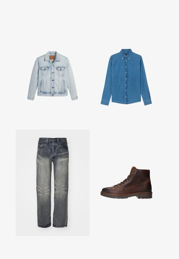 Lichtblauwe denimjasje met knopen aan de voorkant, twee borstzakken en een klassieke kraag. Verweerde details en een licht getailleerde pasvorm.; Blauwe denim shirt met een button-down kraag, lange mouwen en knopen aan de voorkant. De stof heeft een gestructureerde afwerking met een klassieke snit.; Donkerblauwe denim jeans met een relaxte pasvorm, voorzien van vervaging, vijf zakken en een knoopsluiting. Rechtemodel; gestructureerde stof.; Bruine leren hoge laarzen hebben een smoothe textuur, een ronde neus, een vetersluiting en metalen oogjes, met een contrasterende bruine rubberen zool.