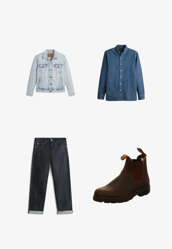 Lyseblå denimjakke med knaplukning, to brystlommer og klassisk krave. Slidte detaljer og en let figursyet pasform.; Denim button-up skjorte i mellemblå, med lange ærmer, spidse kraver, hvide knapper og en tætsiddende pasform med diskret logo broderi.; Mørkeblå denimjeans med opsmøgede bukseben, fem lommer og kontrastsyning, lagt fladt på en hvid baggrund.; Brune læderankelbukser med elastiske sidepaneler, trækremme og struktureret gummisål. Glat overflade med kontrasterende syninger.