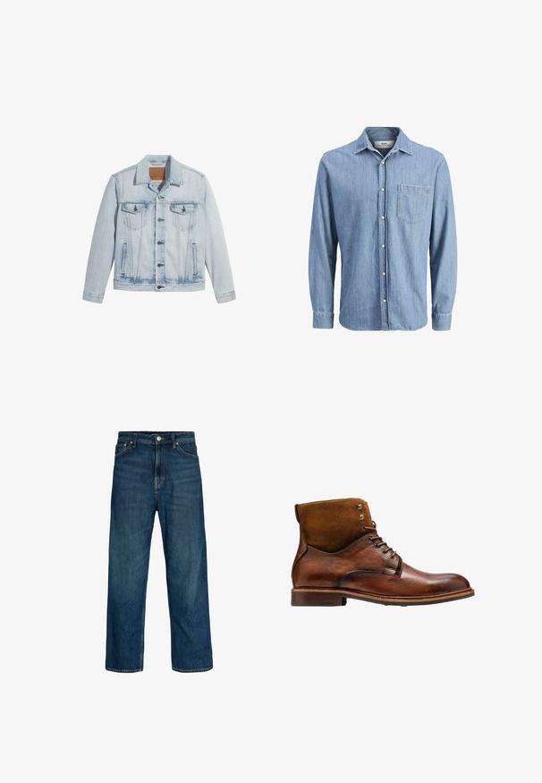 Helle Jeansjacke in Blau mit Knopfverschluss, zwei Brusttaschen und klassischem Kragen. Mit einem lässigen, leicht taillierten Schnitt und einem leicht getragenen Look.; Helles blaues Denimhemd mit Button-Down-Kragen, langen Ärmeln, einer einzelnen Brusttasche und gesticktem Logo auf der Tasche.; Blaue Herrenjeans mit geradem Bein, fünf Taschen und Knopfverschluss, dargestellt vor weißem Hintergrund.; Kazar ALID - Schnürstiefelette - brown
