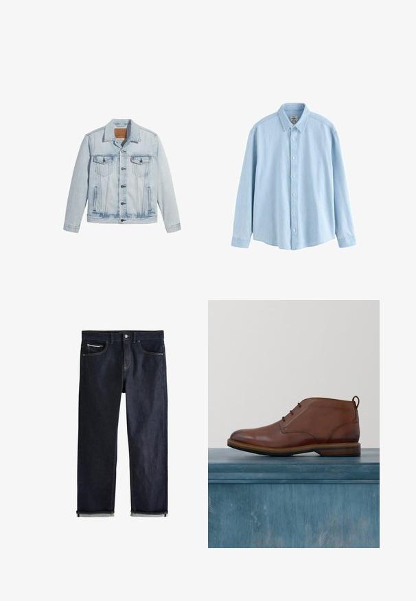 Helle Jeansjacke in Blau mit Knopfverschluss, zwei Brusttaschen und klassischem Kragen. Mit einem lässigen, leicht taillierten Schnitt und einem leicht getragenen Look.; Hellblaues Denim-Hemd mit langen Ärmeln, Knopfleiste, Kragen und weißen Knöpfen, Größe M, vor weißem Hintergrund dargestellt.; Dunkelblaue Jeans aus Denim mit umgeschlagenen Bündchen, Knopf- und Reißverschluss, Vorder- und Münztaschen und kontrastierenden Nähten vor weißem Hintergrund.; Braunes, poliertes Leder-Ankle-Boot mit Schnürung, schwebend über einem leicht rissigen Betonboden mit verwischten Pflanzen und einem Fenster im Hintergrund.