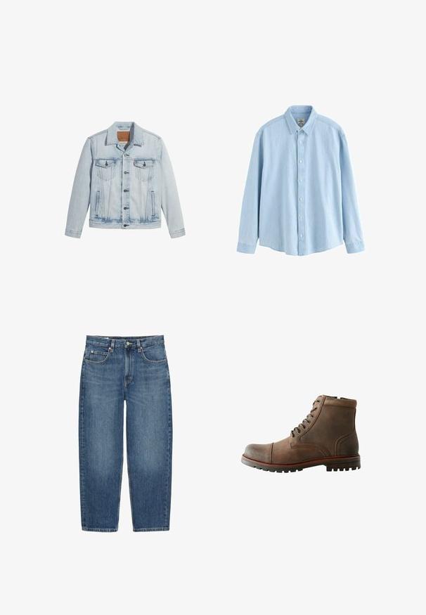Helle Jeansjacke in Blau mit Knopfverschluss, zwei Brusttaschen und klassischem Kragen. Mit einem lässigen, leicht taillierten Schnitt und einem leicht getragenen Look.; Hellblaues Denim-Hemd mit langen Ärmeln, Knopfleiste, Kragen und weißen Knöpfen, Größe M, vor weißem Hintergrund dargestellt.; Blaue Jeans mit geradem Bein, Knopf- und Reißverschluss vorne, Gürtelschlaufen und fünf Taschen vor weißem Hintergrund.; Braune Lederknöchelstiefel mit abgerundeter Spitze, gepolstertem Kragen, Schnürung mit sechs Ösen und strukturiertem Gummisohle. Genähte Akzente an den Seiten.