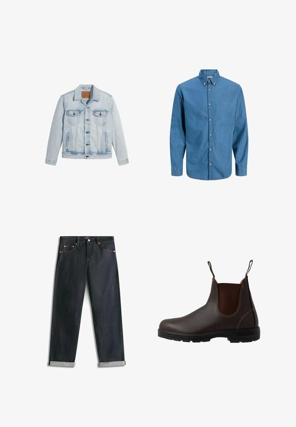 Lichtblauwe denimjasje met knopen aan de voorkant, twee borstzakken en een klassieke kraag. Verweerde details en een licht getailleerde pasvorm.; Blauw overhemdbloes gemaakt van denim, met een kraag en lange mouwen. Effen textuur met zichtbare knopen aan de voorkant.; Donkerblauwe spijkerbroek met omgeslagen boorden, vijf zakken en contrasterende stiksels, plat uitgespreid op een witte achtergrond.; Bruine leren Chelsea-laars met elastisch zijpaneel, bruine stiksels, trekriempjes en een duurzame rubberen zool met een gestructureerd patroon.