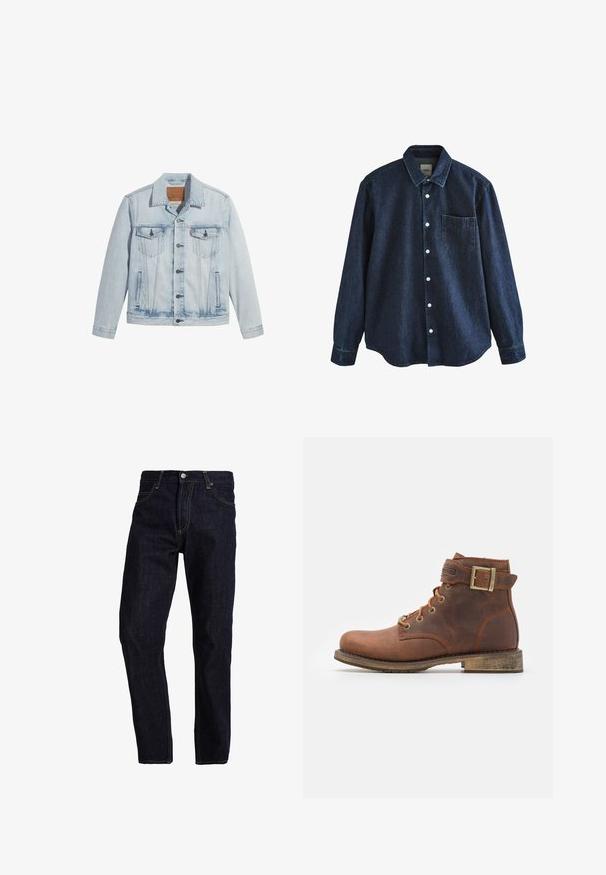 Lichtblauwe denimjasje met knopen aan de voorkant, twee borstzakken en een klassieke kraag. Verweerde details en een licht getailleerde pasvorm.; Donkerblauw denim overhemd met lange mouwen, knopen, kraag en één borstzak, getoond tegen een witte achtergrond.; Donkerblauwe spijkerbroek met een rechte pasvorm, voorzien van gele stiksels, vijf zakken en een klassieke knoop- en ritsluiting.; Harley Davidson VNTGMOTO SHORT RIDING APPROVED - Cowboy-/Bikerlaarsjes - brown