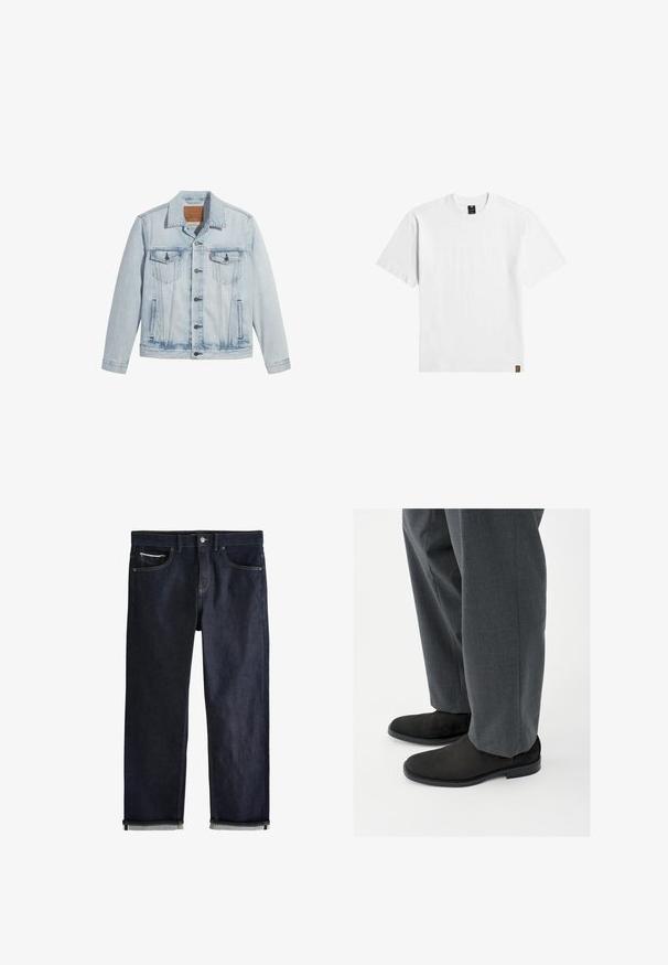 Lichtblauwe denimjasje met knopen aan de voorkant, twee borstzakken en een klassieke kraag. Verweerde details en een licht getailleerde pasvorm.; Effen wit T-shirt met korte mouwen en een ronde hals, met een klein zwart label op de kraag en een bruin etiket aan de onderzoom.; Donkerblauwe spijkerbroek met opgerolde pijpen, knoop- en ritssluiting, voor- en muntzakken en contrasterende stiksels op een witte achtergrond.; Zwarte enkellaarsjes van suède met een gladde textuur, een ronde neus en een lage hak, gecombineerd met op maat gemaakte grijze broek met een subtiel patroon.