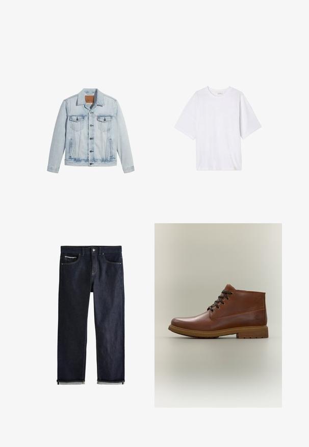 Helle Jeansjacke in Blau mit Knopfverschluss, zwei Brusttaschen und klassischem Kragen. Mit einem lässigen, leicht taillierten Schnitt und einem leicht getragenen Look.; Weißes T-Shirt mit kurzen Ärmeln aus weichem Stoff. Hat einen runden Ausschnitt und eine lässige Passform mit geradem Saum. Keine Muster oder Hardware.; Dunkelblaue Jeans aus Denim mit klassischem geradem Schnitt, fünf Taschen, Knopfverschluss und umgeschlagenen Bündchen, die eine hellblaue Innenseite zeigen.; Brauner Leder-Schnürstiefelette mit Gummisohle, einfacher Naht und kleinem geprägtem Logo nahe der Ferse auf hellem Hintergrund.