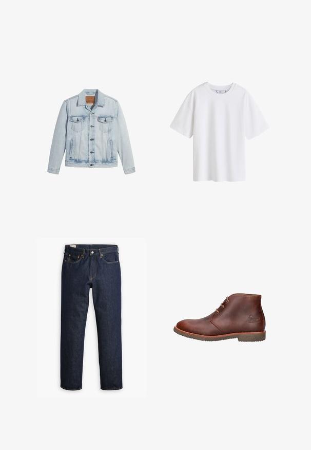 Lichtblauwe denimjasje met knopen aan de voorkant, twee borstzakken en een klassieke kraag. Verweerde details en een licht getailleerde pasvorm.; Effen wit katoenen T-shirt met korte mouwen en een ronde hals, van voren getoond op een witte achtergrond.; Donkerblauwe denim jeans met een rechte snit, uitgerust met een vijfzakkenstijl, zichtbare stiksels en een klassieke knoopsluiting.; Bruine leren enkellaars met drie oogjes voor veters, rubberen zool en een reliëflogo aan de zijkant.