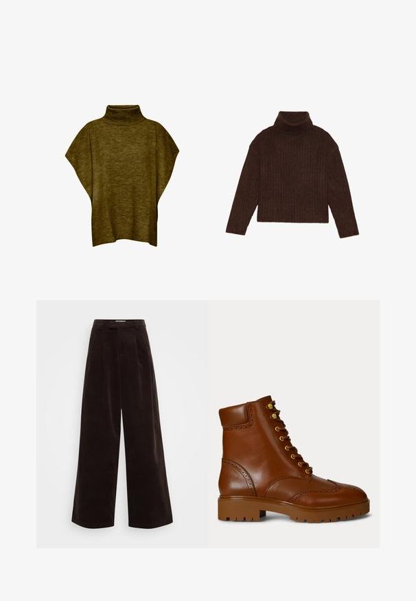 Oliven grøn poncho-sweater med høj hals, blød tekstur, løs pasform og brede ærmer, med ribbet krave detaljering.; Brun ribbet turtleneck sweater med lange ærmer og cropped silhuet, med et tykkere, struktureret strikdesign.; ONLY Tall ONLSVEA NESSA CORD WIDE - Bukser - seal brown; Brune læder ankelstøvler med rund tå, gyldne øjeknapper og brogue-detaljer. Kraftig brun gummisål med tekstureret mønster.