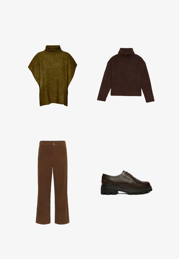 Oliven grøn poncho-sweater med høj hals, blød tekstur, løs pasform og brede ærmer, med ribbet krave detaljering.; Brun ribbet turtleneck sweater med lange ærmer og cropped silhuet, med et tykkere, struktureret strikdesign.; Brune fløjl bukser med lige ben design, der har en frontknaplukning og subtil vertikal ribbet tekstur.; Mørkebrun læder brogue sko med perforerede detaljer og tyk sort rillesål, set fra siden på hvid baggrund.