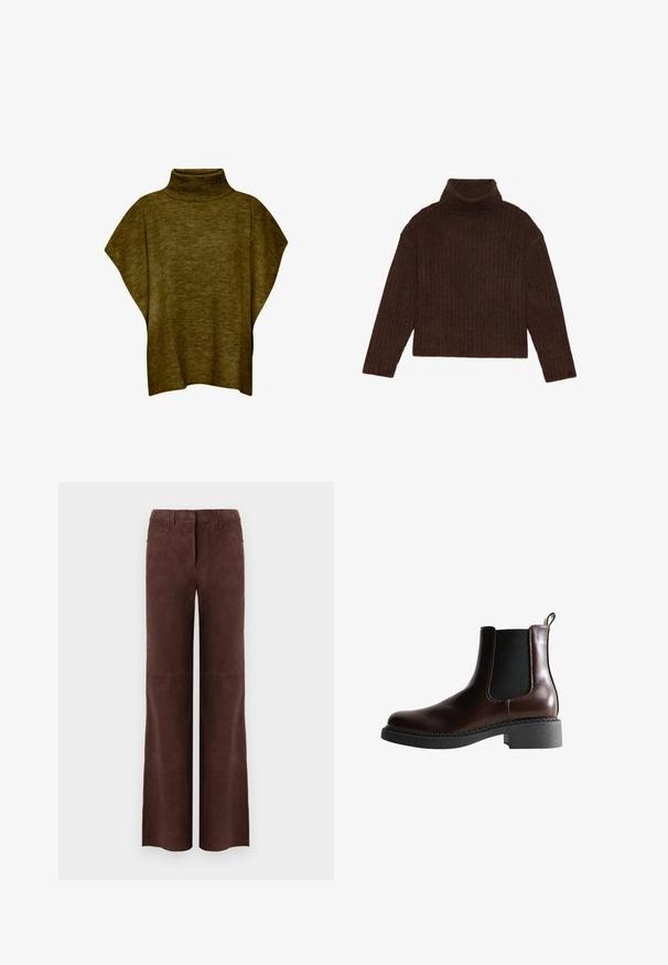 Oliven grøn poncho-sweater med høj hals, blød tekstur, løs pasform og brede ærmer, med ribbet krave detaljering.; Brun ribbet turtleneck sweater med lange ærmer og cropped silhuet, med et tykkere, struktureret strikdesign.; Mørkebrune ruskinds lige ben bukser med forlommer og bælteløkker, vist på en plain lys baggrund.; Brune læder ankelstøvle med elastiske sidepaneler, rund tå og en struktureret sort gummisål. Har kontrasterende syninger og en trækflap.
