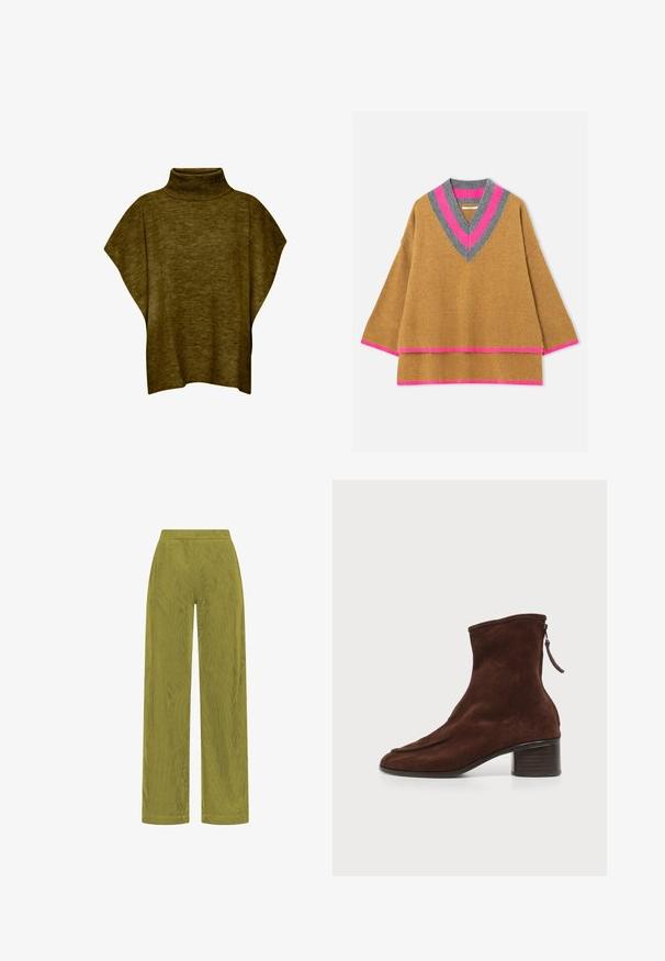 Oliven grøn poncho-sweater med høj hals, blød tekstur, løs pasform og brede ærmer, med ribbet krave detaljering.; Brun strikket sweater med V-hals med grå og lyserøde stribede detaljer på kraven og manchetterne. Blød tekstur og løs pasform.; Højtaljede bukser med vide ben i olivengrønt kordfløjl med elastisk linning og uden synlige lukninger.; Mørkebrune ruskind ankle støvle med lav blokhæl og lynlås bagpå på ensartet lys baggrund.