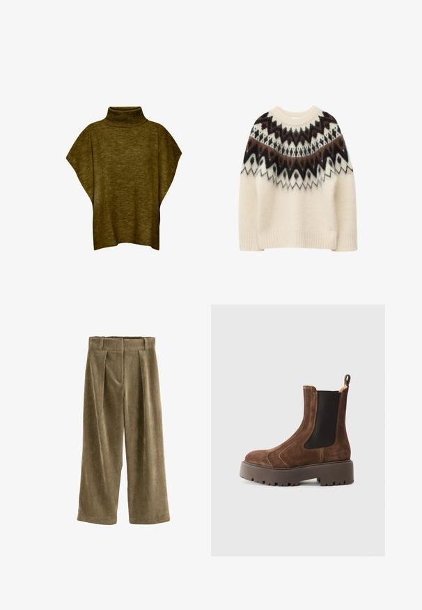 Oliven grøn poncho-sweater med høj hals, blød tekstur, løs pasform og brede ærmer, med ribbet krave detaljering.; Cremefarvet sweater med en fuzzy tekstur, der har et geometrisk mønster i mørkebrunt og sort på ryggen, samt ribbede manchetter og kant.; Bredde ben corduroy bukser i olivengrøn. Har vertikale ribbede detaljer, høj talje, frontfolder og en afslappet pasform. Blød tekstur overalt.; Brune ruskinds ankelstøvle med elastiske sidestykkere, kraftig gummisål og forstærket syning. Der er en trække-løkke bagpå.