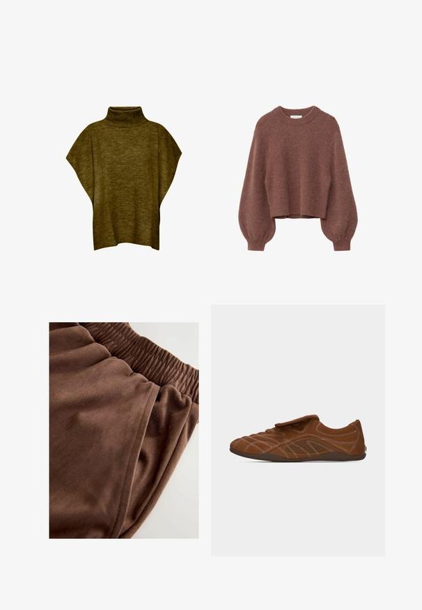 Oliven grøn poncho-sweater med høj hals, blød tekstur, løs pasform og brede ærmer, med ribbet krave detaljering.; Brun, fuzzy strikket cropped sweater med ballonærmer og ribbet kanter ved ærmer og hals på en hvid baggrund.; Brune joggingbukser med et blødt, tekstureret stof, elastisk talje og sidelommer for ekstra funktionalitet.; Brun afslappet sneaker med hvide syninger, lav profil og velcrolukning over snørebåndene, vist i sideprofil mod en hvid baggrund.