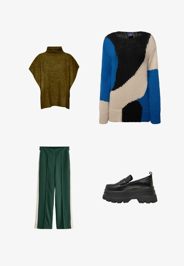 Oliven grøn poncho-sweater med høj hals, blød tekstur, løs pasform og brede ærmer, med ribbet krave detaljering.; Strikket sweater med markante farvefelter i sort, blå og beige. Rund hals, lange ærmer og ribbede manchetter giver tekstur og varme.; Mørkegrønne bukser med vide ben, elastisk talje og lodrette hvide striber langs ydersømmene på begge ben.; Sorte loafers med en kraftig platformsål, lavet af glat læder. Har en rund tå, et enkelt spænde og en løkke til at trække i.