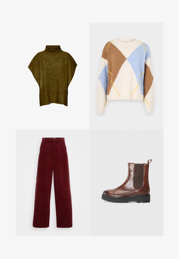 Oliven grøn poncho-sweater med høj hals, blød tekstur, løs pasform og brede ærmer, med ribbet krave detaljering.; Noisy May NMARMIE ARGYLE - Striktrøje - cloud dancer/multi coloured; ONLY Tall ONLSVEA NESSA CORD WIDE - Bukser - cabernet; Brune læder Chelsea støvler med elastiske sidelængder, afrundet tå og en tyk sort gummisål. Har en trækstrop for nem påtagning.