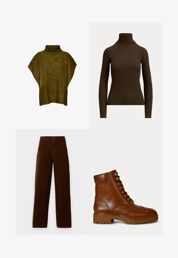 Oliven grøn poncho-sweater med høj hals, blød tekstur, løs pasform og brede ærmer, med ribbet krave detaljering.; Mørkebrunt langærmet ribstrikket polotrøje med tætsiddende silhuet og lille logo nær den nederste kant foran på venstre side.; Brune corduroy straight-leg bukser med forlommer, bæltestropper og knaplukning på en hvid baggrund.; Brune læder ankelstøvler med rund tå, gyldne øjeknapper og brogue-detaljer. Kraftig brun gummisål med tekstureret mønster.