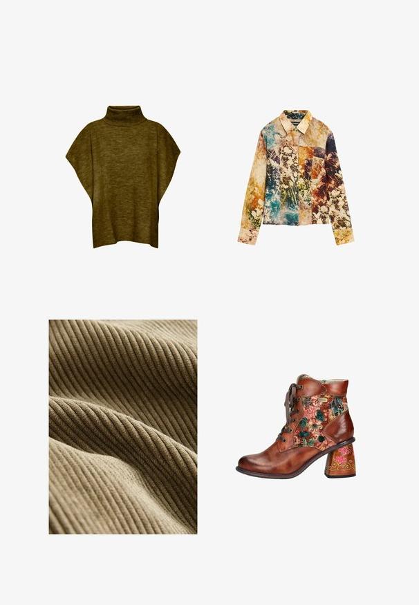 Oliven grøn poncho-sweater med høj hals, blød tekstur, løs pasform og brede ærmer, med ribbet krave detaljering.; Langærmet skjorte med knapper, med et patchwork blomster- og abstrakt print i blå, beige, brun, orange og grønne toner.; Brunt ribbet stof med en blød, tekstureret overflade, der viser lodrette linjer og skaber dybde med lette variationer i farven.; Brune læder ankelstøvle med blomster-mønstret stof, rund tå, snørelukning foran og dekorativmalet hæl.