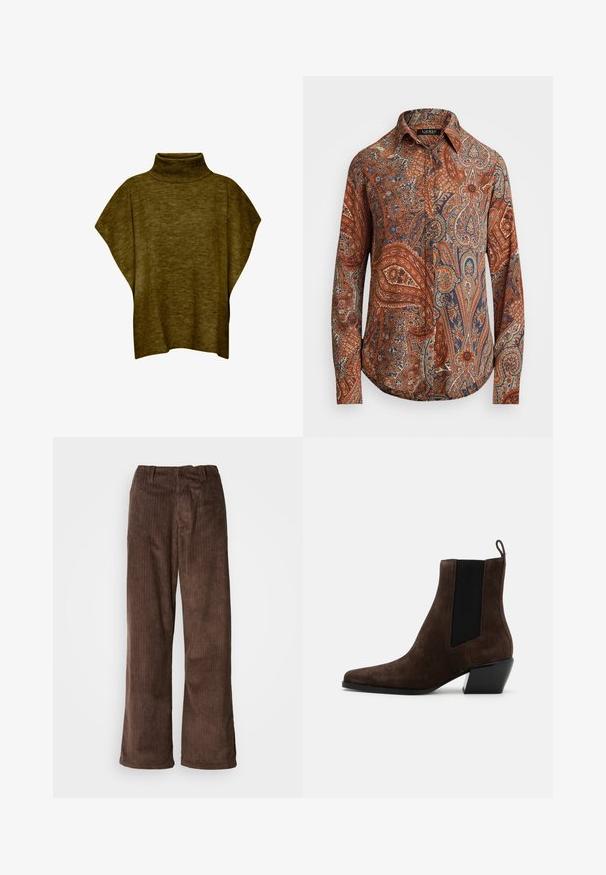 Oliven grøn poncho-sweater med høj hals, blød tekstur, løs pasform og brede ærmer, med ribbet krave detaljering.; Langærmet skjorte i brun med indviklede paisley-mønstre i blå og creme. Har en klassisk krave og knaplukning foran.; Brune fløjl bukser med en bred benudskæring, der har lodrette ribber og en talje. Stoffet har et blødt, tekstureret udseende.; rag & bone JONI CHELSEA - Støvletter - dark brown