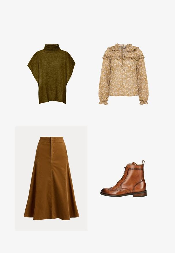 Oliven grøn poncho-sweater med høj hals, blød tekstur, løs pasform og brede ærmer, med ribbet krave detaljering.; Blomstret bluse i sennepsgult med flæser ved halsen og ærmerne. Letvægtsstof med hvidt blomstermønster og samlet detalje.; Brun kordfløjls A-line midi nederdel med høj talje og forreste sømdetalje.; Brune læder ankelstøvler med brogue-detaljer, rund tå, snørebånd foran og en træksløjfe bagpå. Flad træhæl, glat overflade.