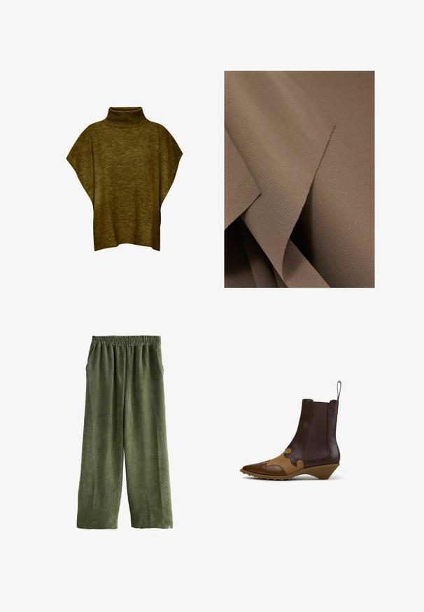Oliven grøn poncho-sweater med høj hals, blød tekstur, løs pasform og brede ærmer, med ribbet krave detaljering.; Reiss REGULAR FIT - ONE SHOULDER DRAPED - Top - mink; Olivengrønne brede cordbukser i fløjl med elastisk talje og sidelommer, der har en lodret ribbet tekstur over hele buksen.; Ankelhøj brun læderstøvle med tan dekorativt frontpanel, spids tå, elastiske sidepaneler, trækflig og lav skrå hæl.